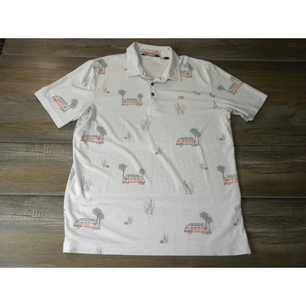 Travis Mathew Four Wheeling Golf Polo Shirt L VW Camper Van Palm Trees AOP Pima